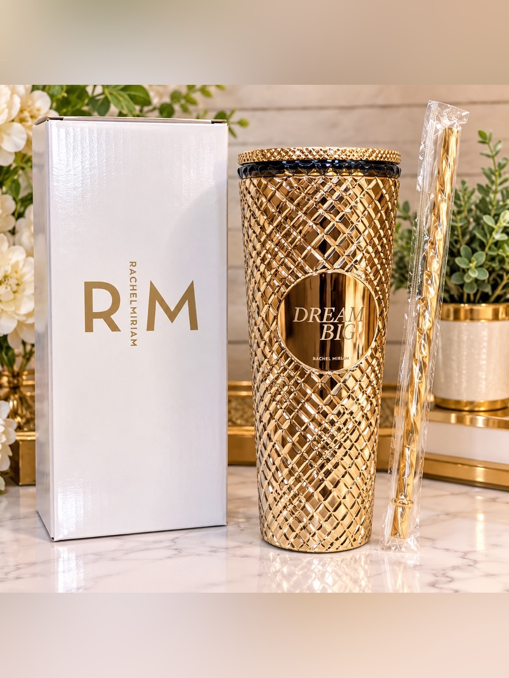 ✨ Rachel Miriam “Dream Big” Textured Gold Tumbler – 24 oz. – NIB